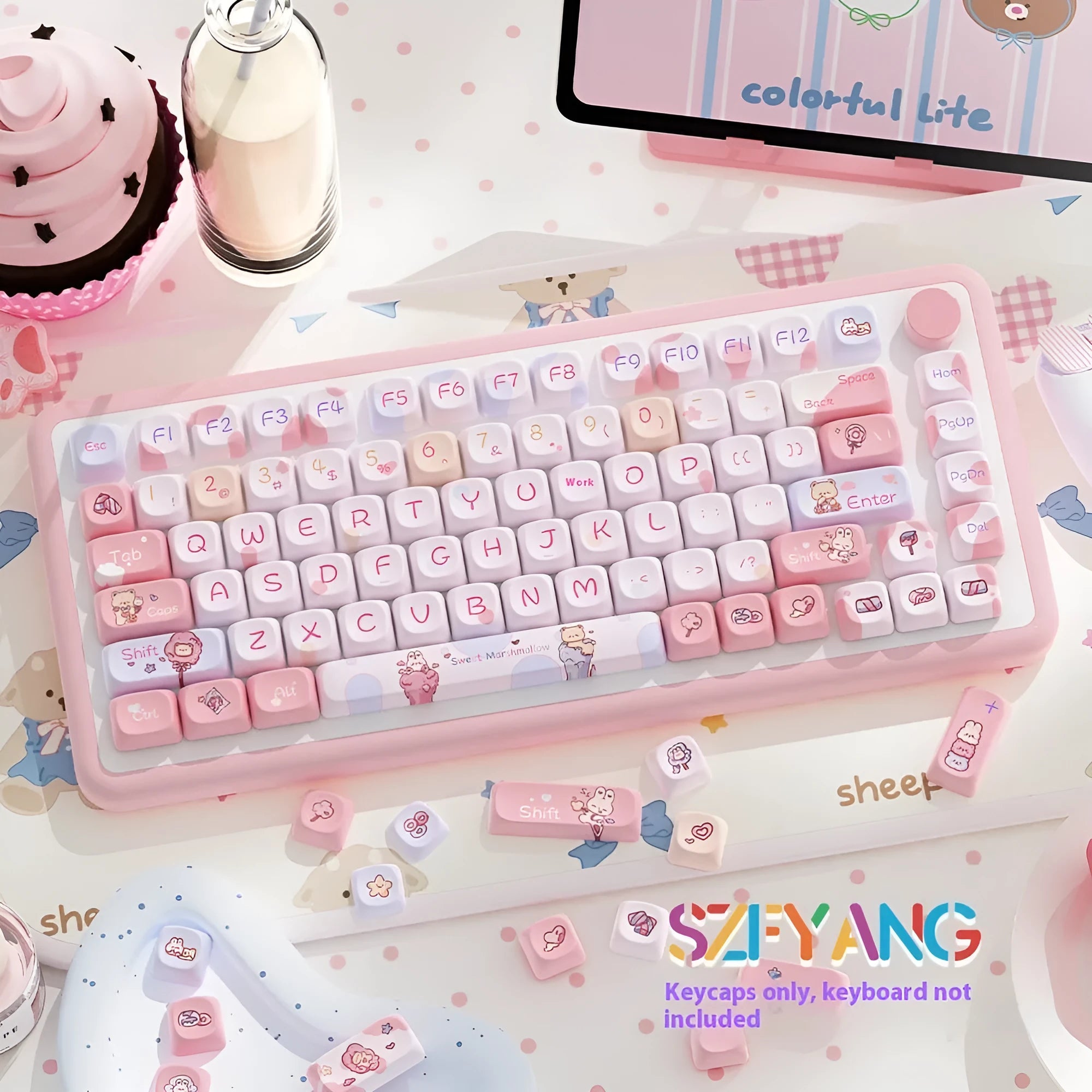 Sweet Cotton Candy coloured PBT keycap set for mechanical keyboards in its box.
