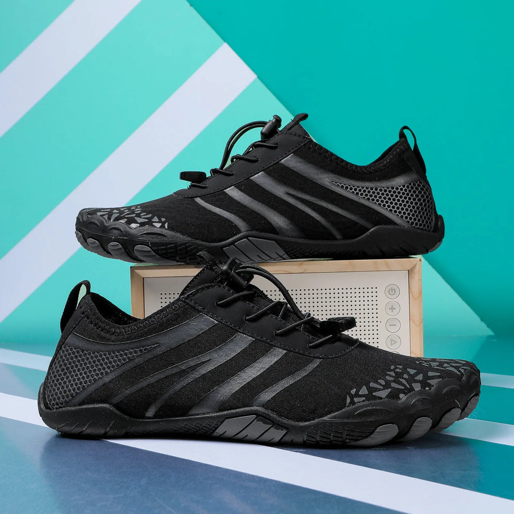 Men's casual beach running shoes with Lycra stretch fabric upper in multiple colours.