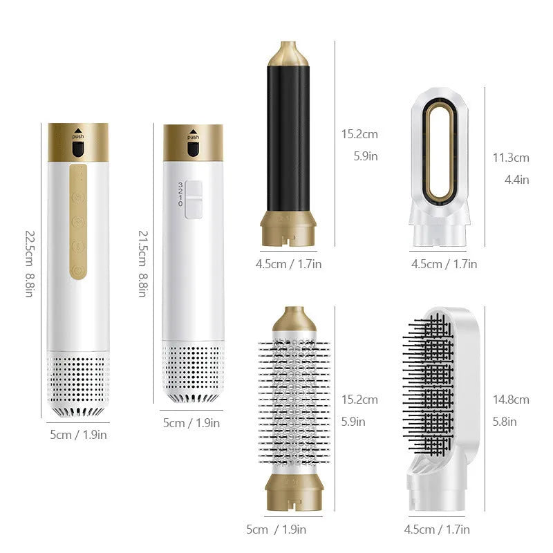 Dark blue and white 6-in-1 electric hot air styling comb with attachments in a leather case.