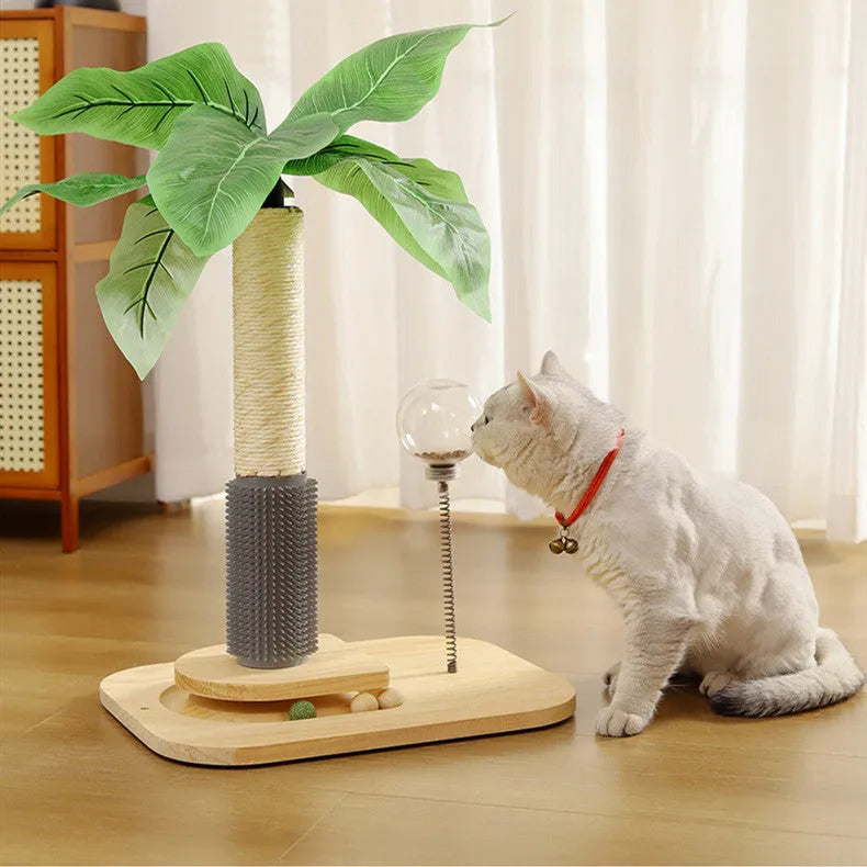 Canna coloured wooden cat scratching post with vertical pole, grab column, and food drop ball