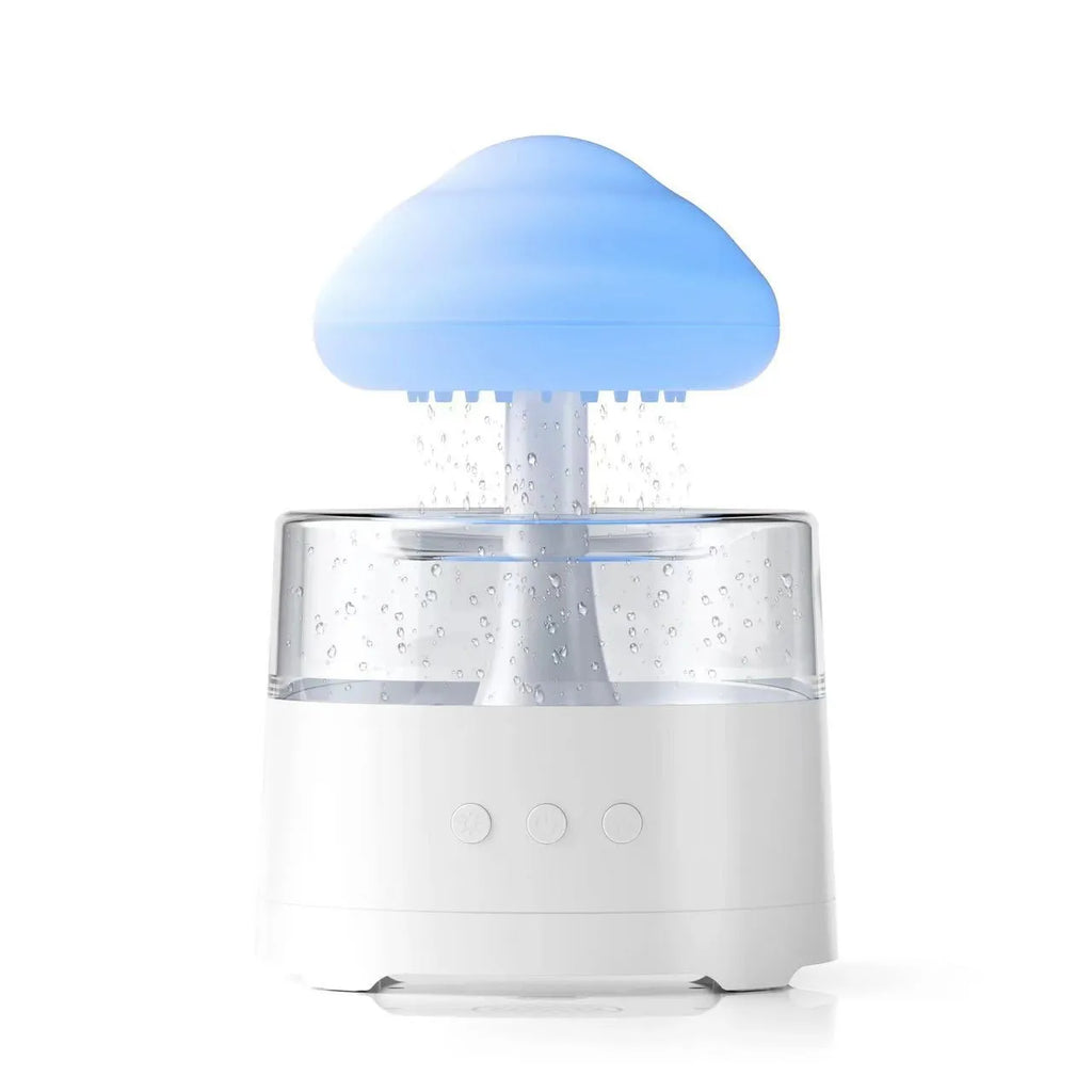 White mushroom cloud resin aroma diffuser and USB humidifier with colourful light on a desktop