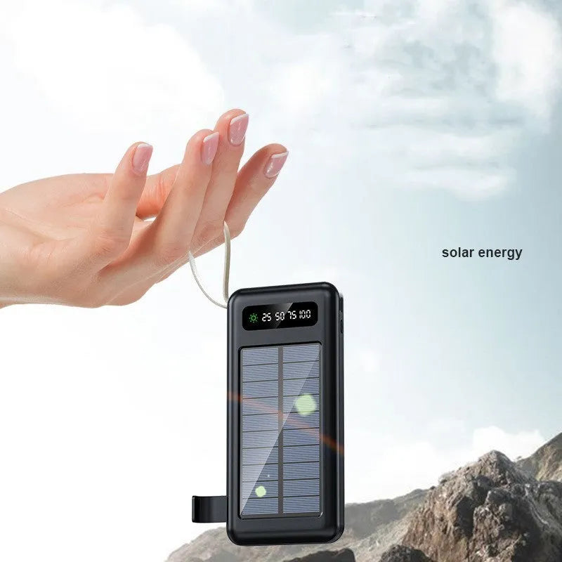 Solar power bank in black or white with integrated solar panel, showing compact 144mm x 68mm x 16mm dimensions.