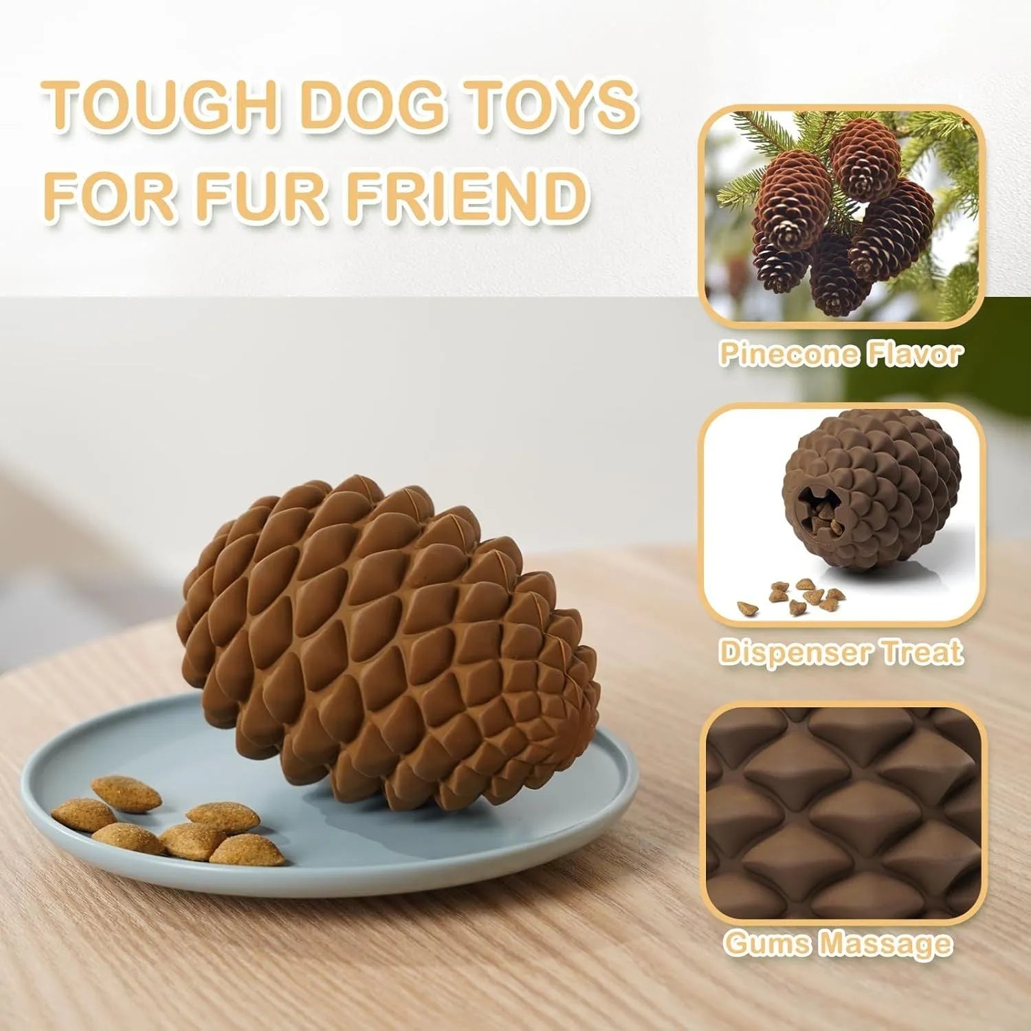 Yellow pine cone shaped dog chew toy with treat dispenser on textured surface
