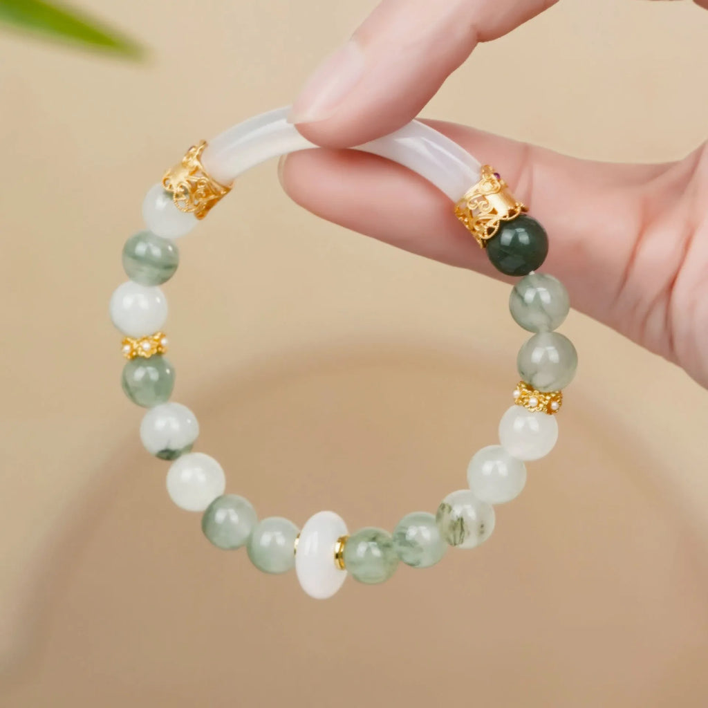 Emerald green Tian Shan Cui stone women's half bracelet with floating flower girl ethnic design
