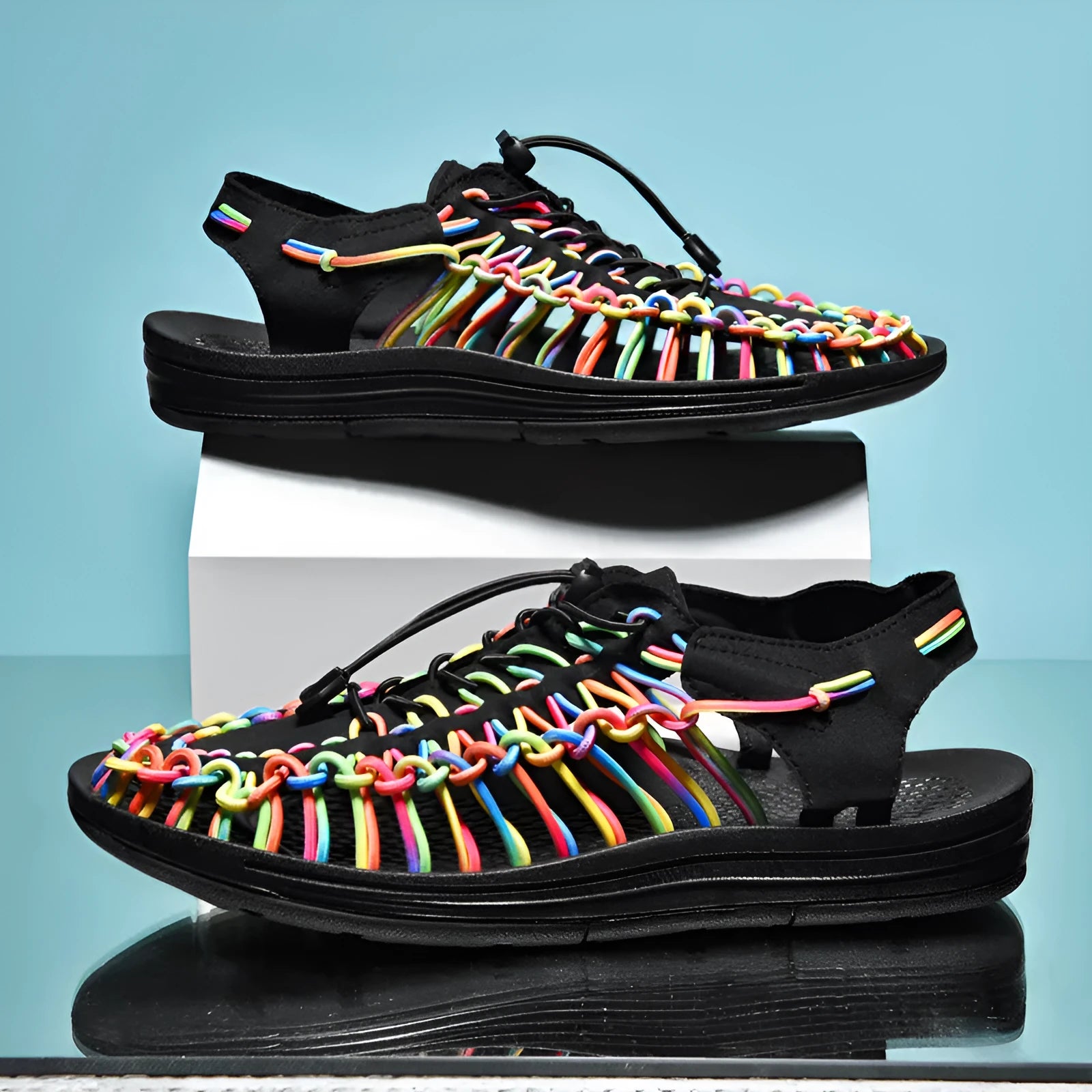 Woven sandals with elastic drawstring tie closure in rainbow colour on a rubber sole.