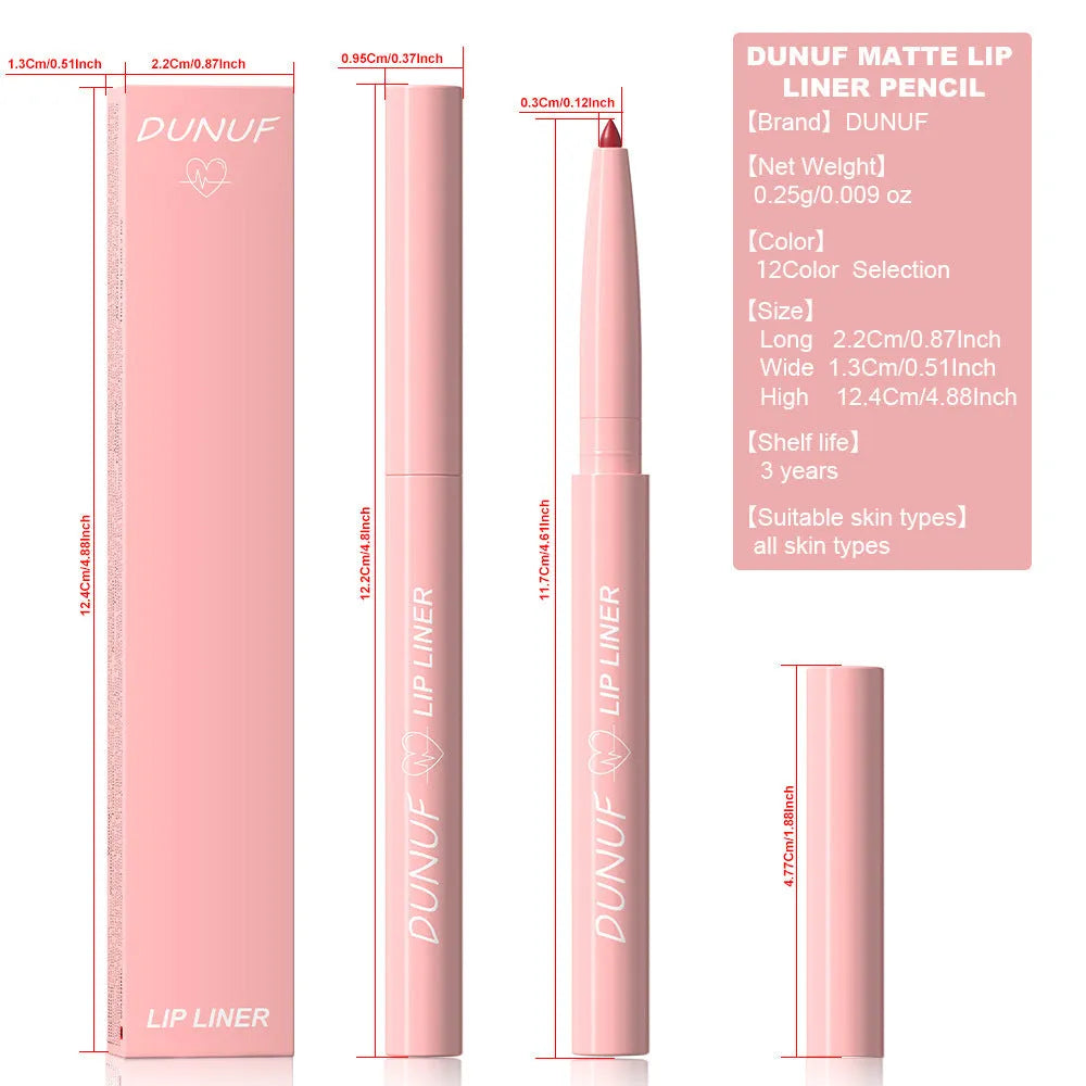 Set of 12 velvet matte lip liner pencils in different colours displayed on a white surface.
