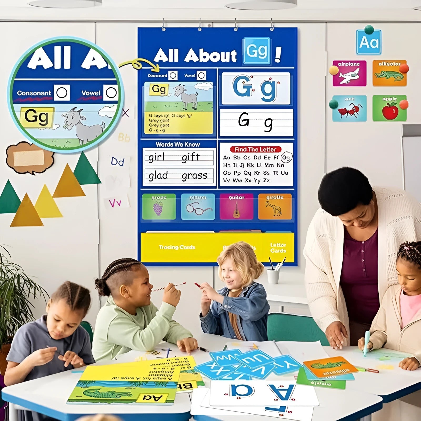Alphabet learning chart with word cards, letter cards, and picture cards for children's education.