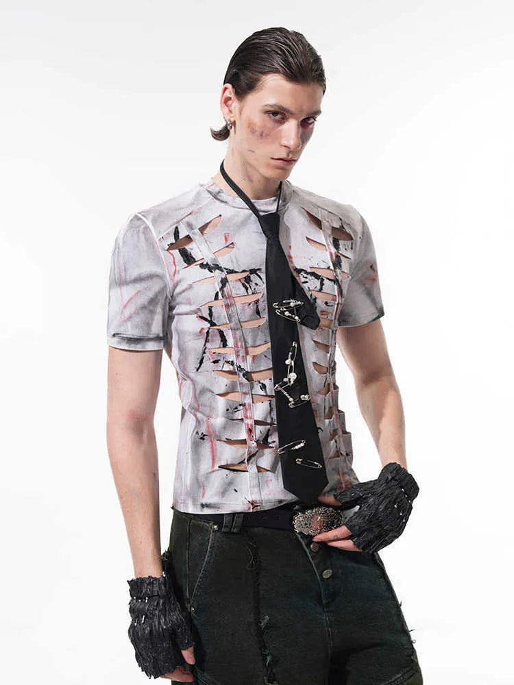 White men's tight t-shirt with hollow-out cut pattern on the front, short sleeves, and a round neck.