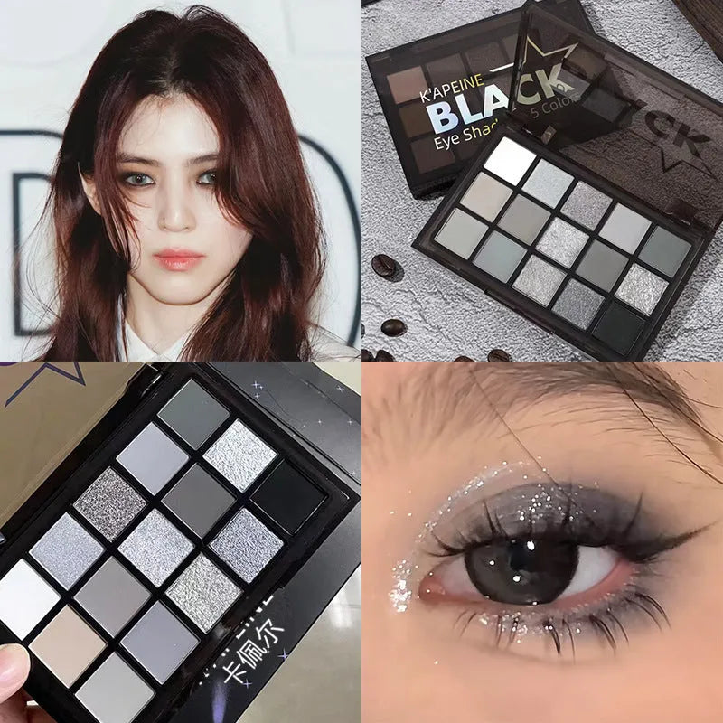 Cartoon style 15-colour eyeshadow palette with brown, blue and earth tone shades for smoky makeup