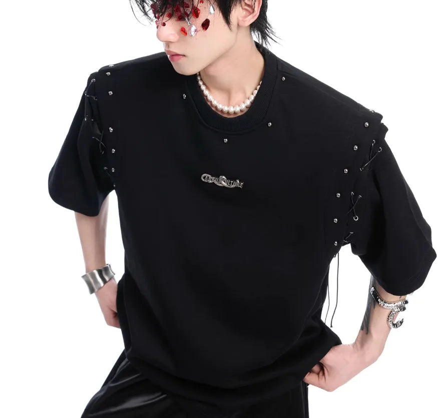 Women's black short sleeve T-shirt with a lace-up cutout detail on the front.
