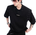 Women's black short sleeve T-shirt with a lace-up cutout detail on the front.