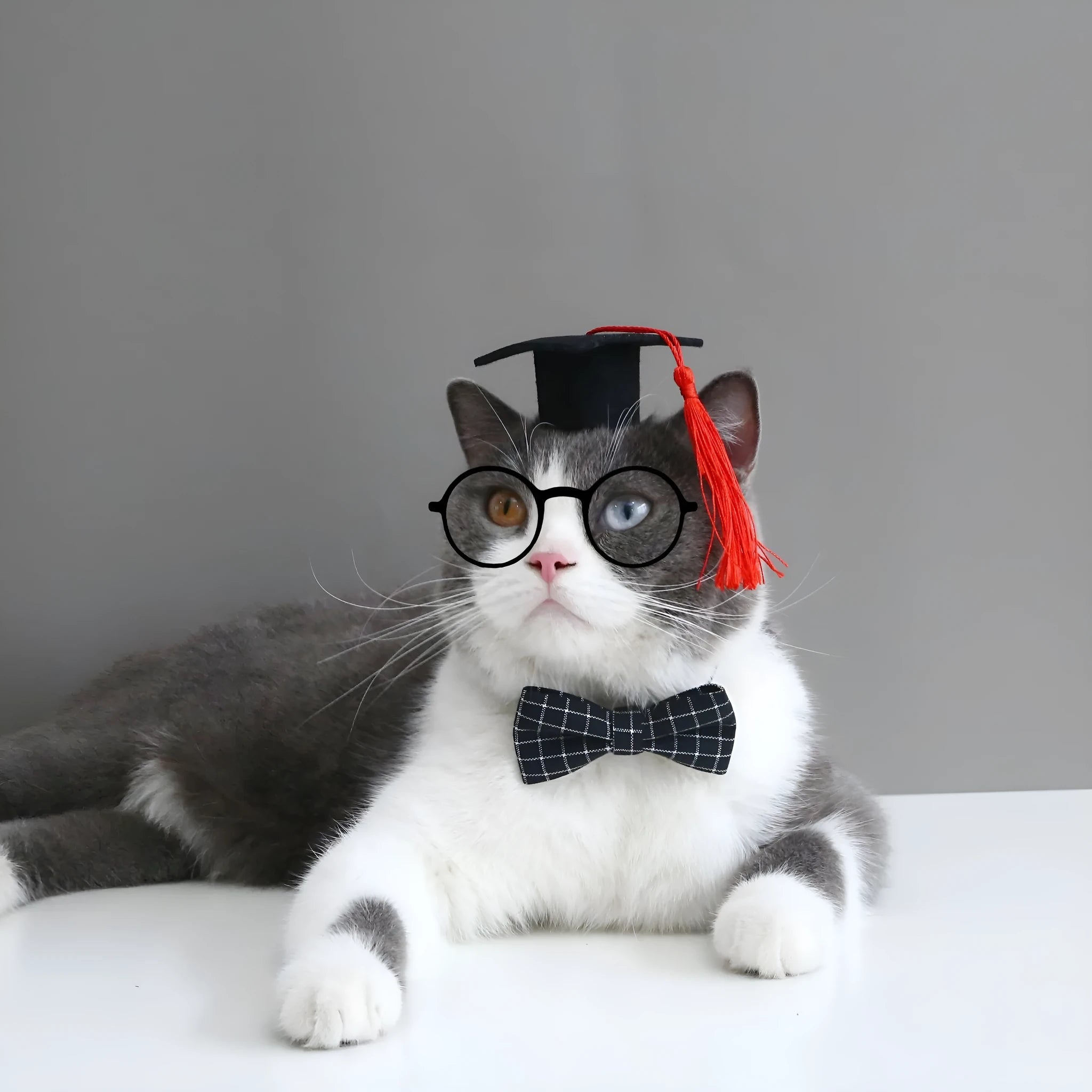 Small pet wearing a British style doctor's degree costume with an elastic hair band and a black plaid bow tie.