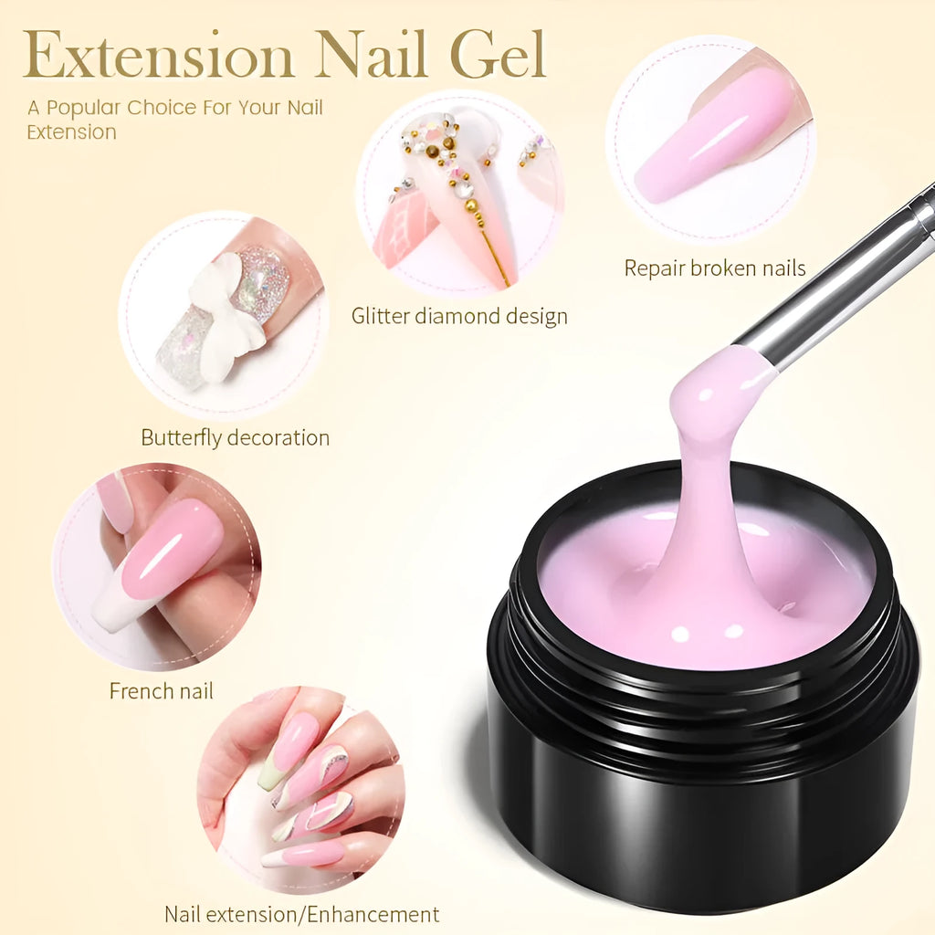 30ml no-wash UV nail extension gel in transparent and nude shades, colour codes EG01 to EG10