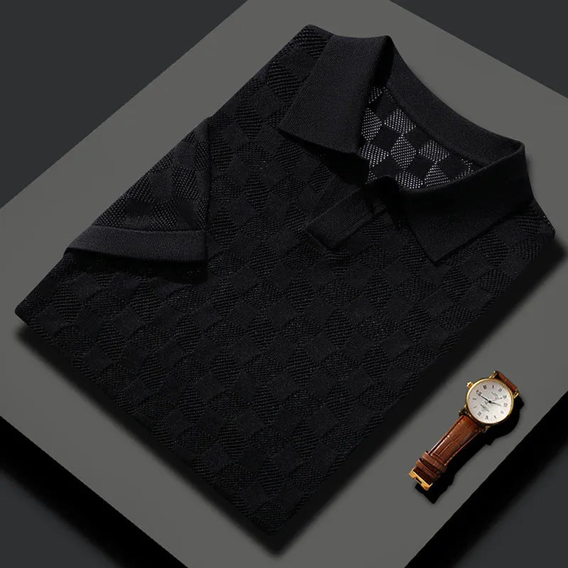 Men's short sleeve lapel sweater in mulberry silk with Jacquard craft texture