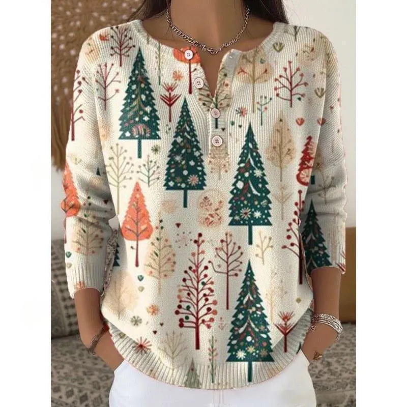 Retro Christmas 3D digital printing T-shirt with four-button stand collar and pullover style, polyester, 50cm length.