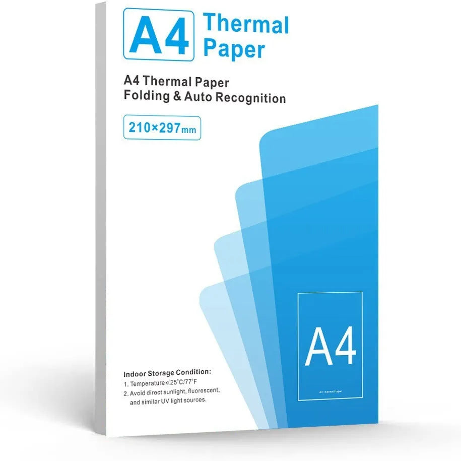 White A4 thermal paper roll for portable thermal printers, shown with 100-sheet and 200-sheet packaging options.