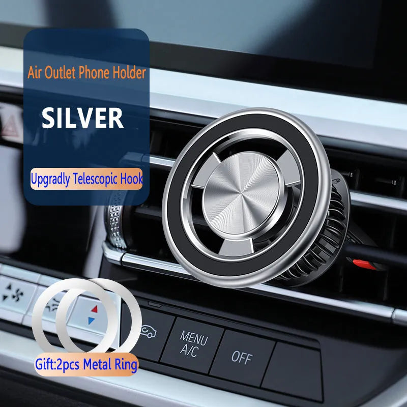 Black car air vent magnetic phone holder with alloy bracket mounted on vehicle ventilation