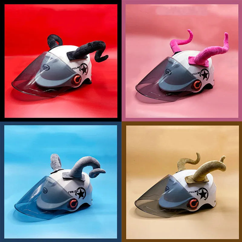 Motorcycle helmet with demon horn ornaments in four colour options: black, pink, brown, grey