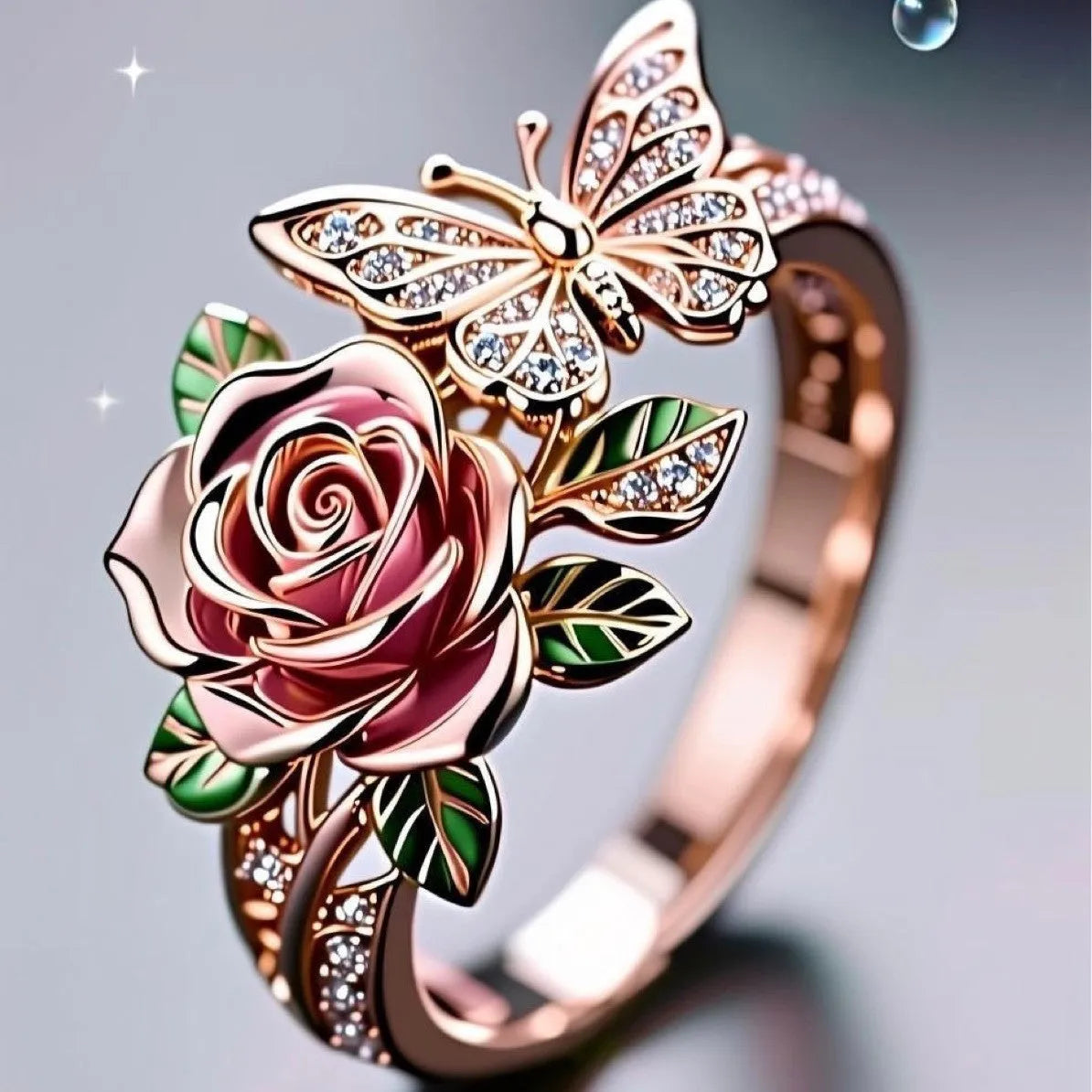 Adjustable fairy style butterfly alloy ring with colourful oil drip finish and floral insect leaf design.