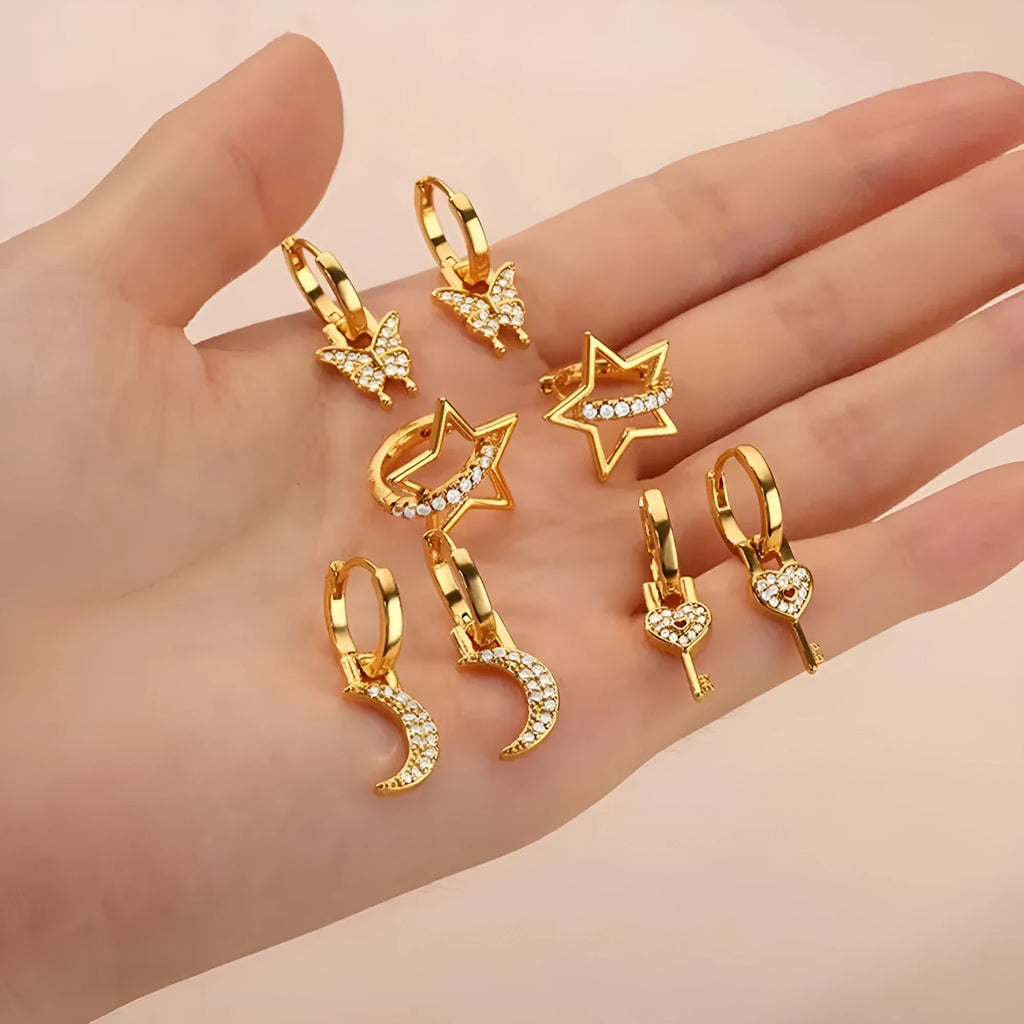 Geometric butterfly earrings with heart and star shapes in copper