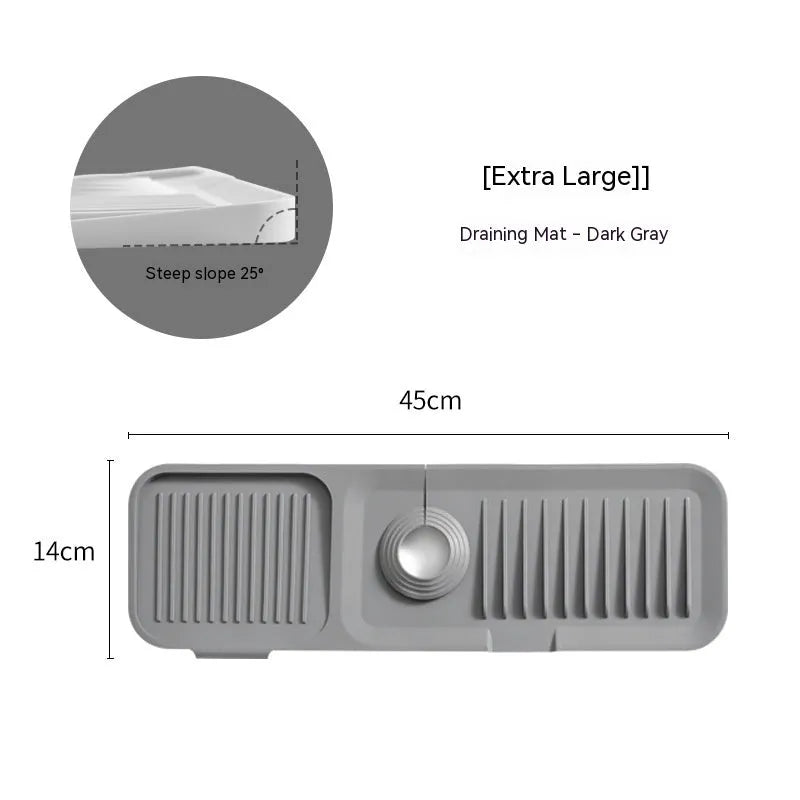 Silicone sink faucet pad in sloped design showing drainage channels, placed under a tap.