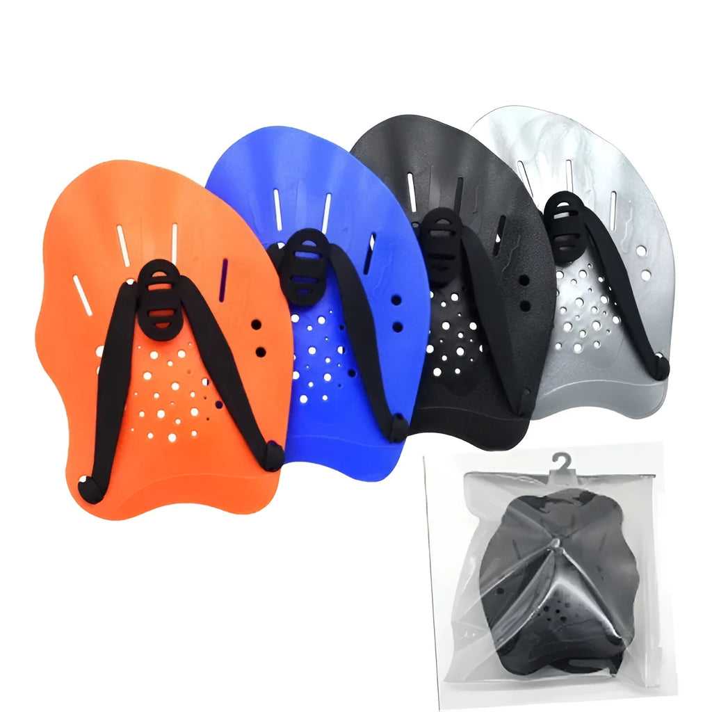 Webbed hand paddles for freestyle swim training in black, blue, orange colours