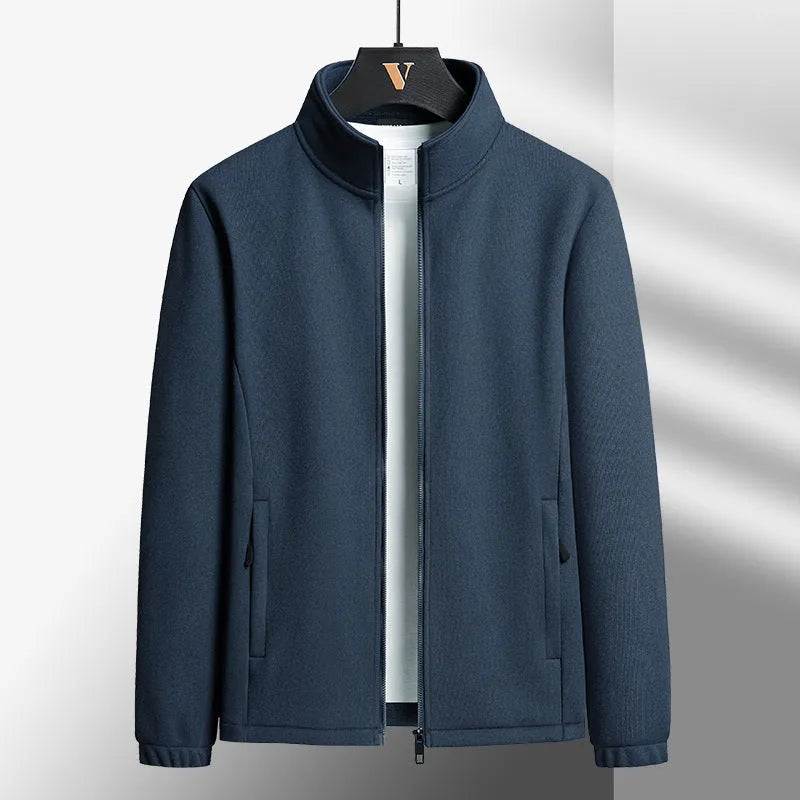 Men's thick grey Berber fleece coat with stand-up collar and front zipper.