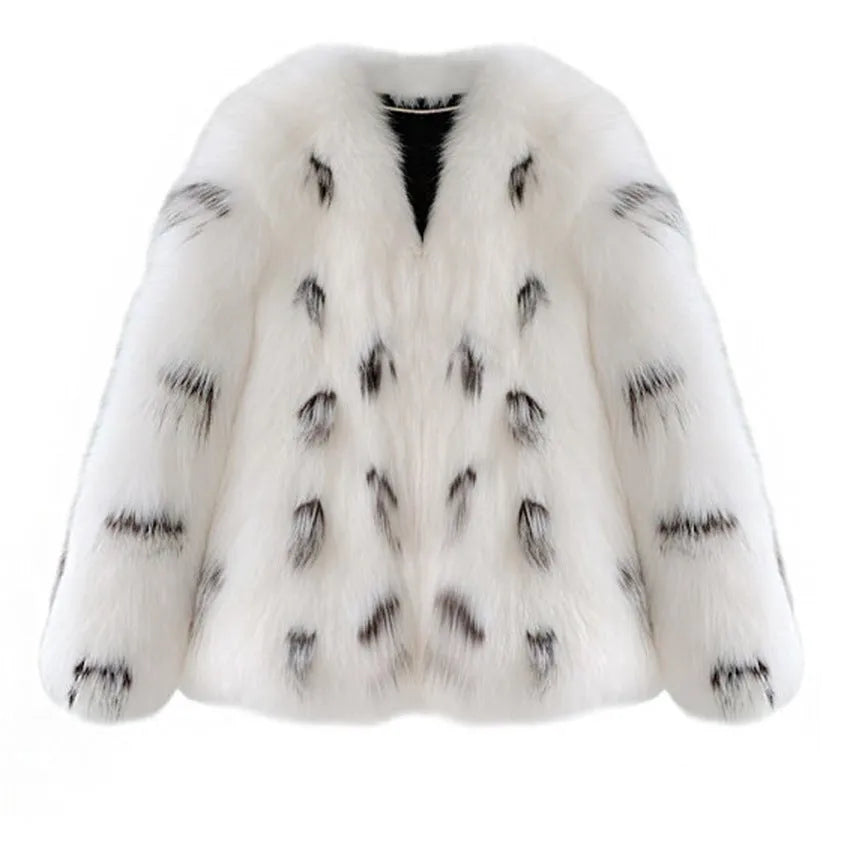 Black and white faux fur Korean-style slim-fit women's coat with regular sleeves