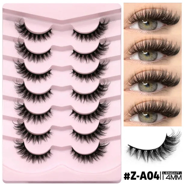 Box of natural false eyelashes in six styles with included eyelash glue.