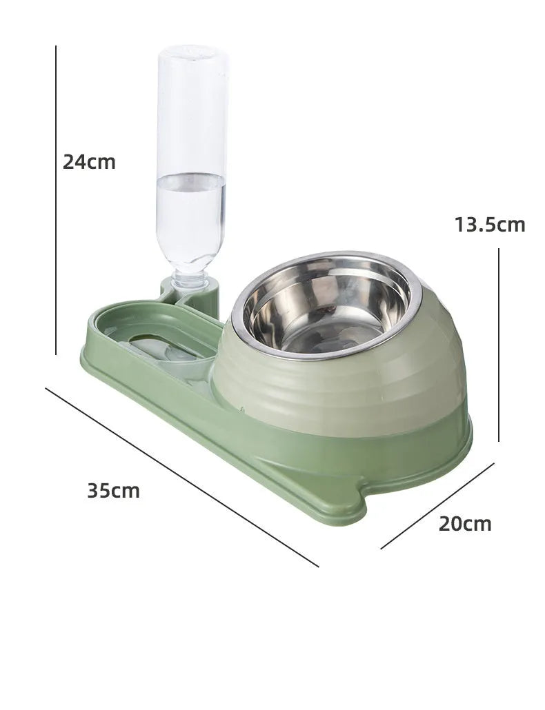 Brown elevated pet food and water bowl set with a large automatic water dispenser bottle.