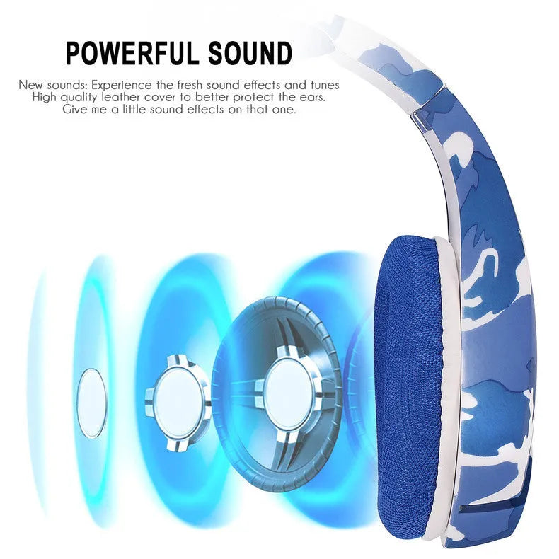 Wired camouflage gaming headset with microphone on a braided cable, shown in blue and white colour options.