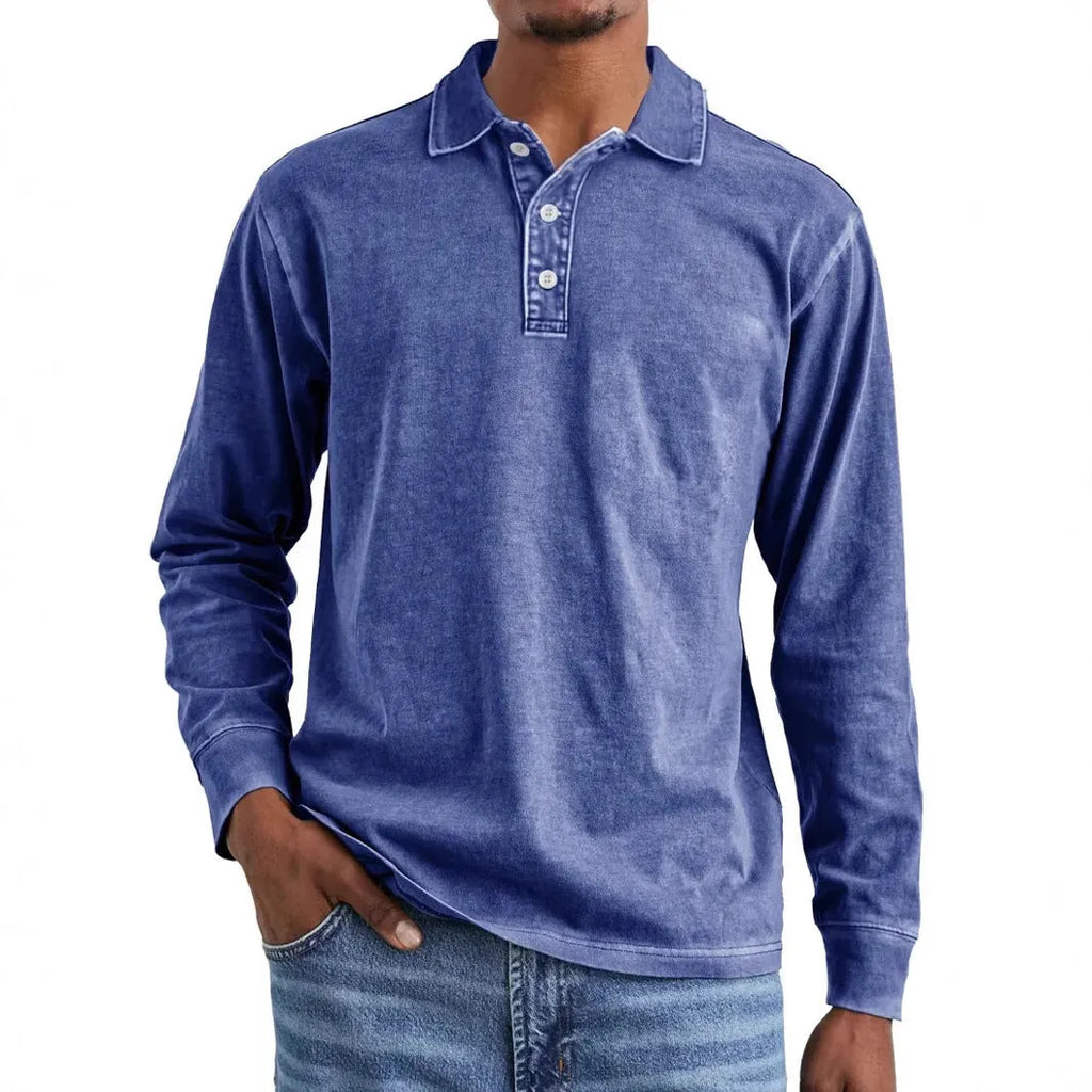 Retro washed distressed long sleeve polo shirt with lapel collar in Army Green