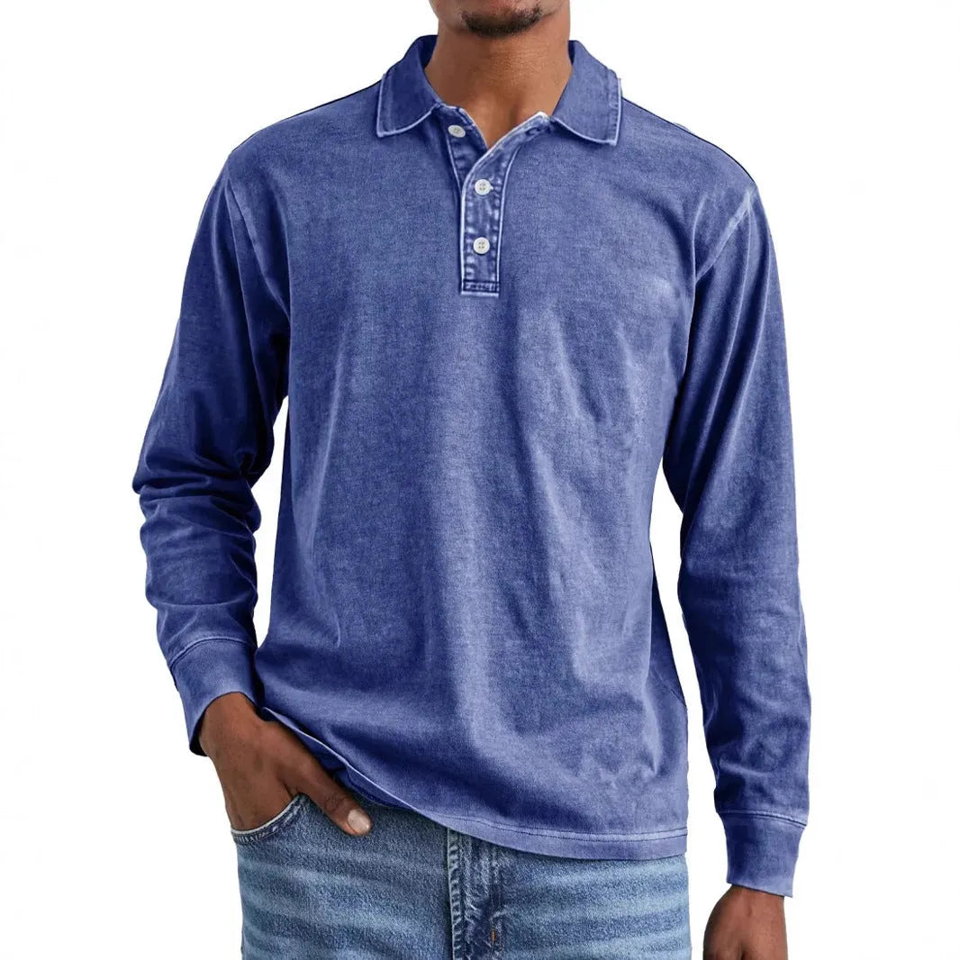 Retro washed distressed long sleeve polo shirt with lapel collar in Army Green