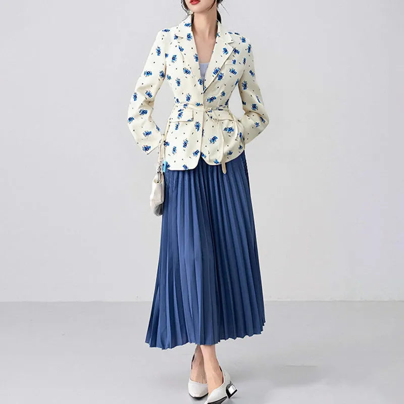 Women's suit jacket with lace-up detail at the collar and waist, shown in a floral print colour option.