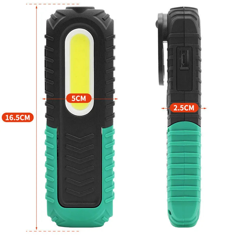 Black and green auto repair work light with USB charging port and drop-resistant coating