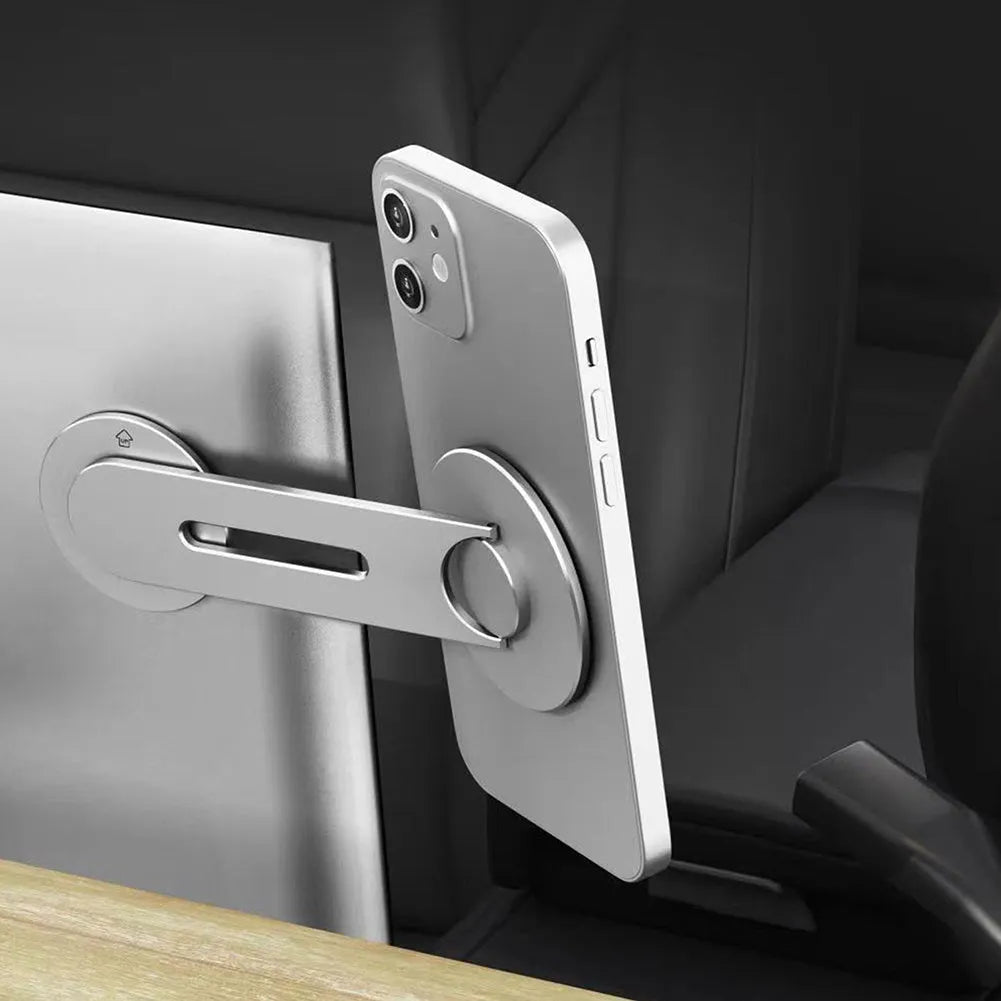 CNC aluminum magnetic phone holder for Tesla suspension screen in silver and black with 180 flip hinge