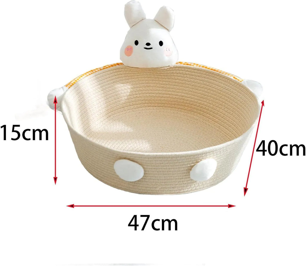 Woven cotton rope cat bed and scratching board in basket shape with bear design