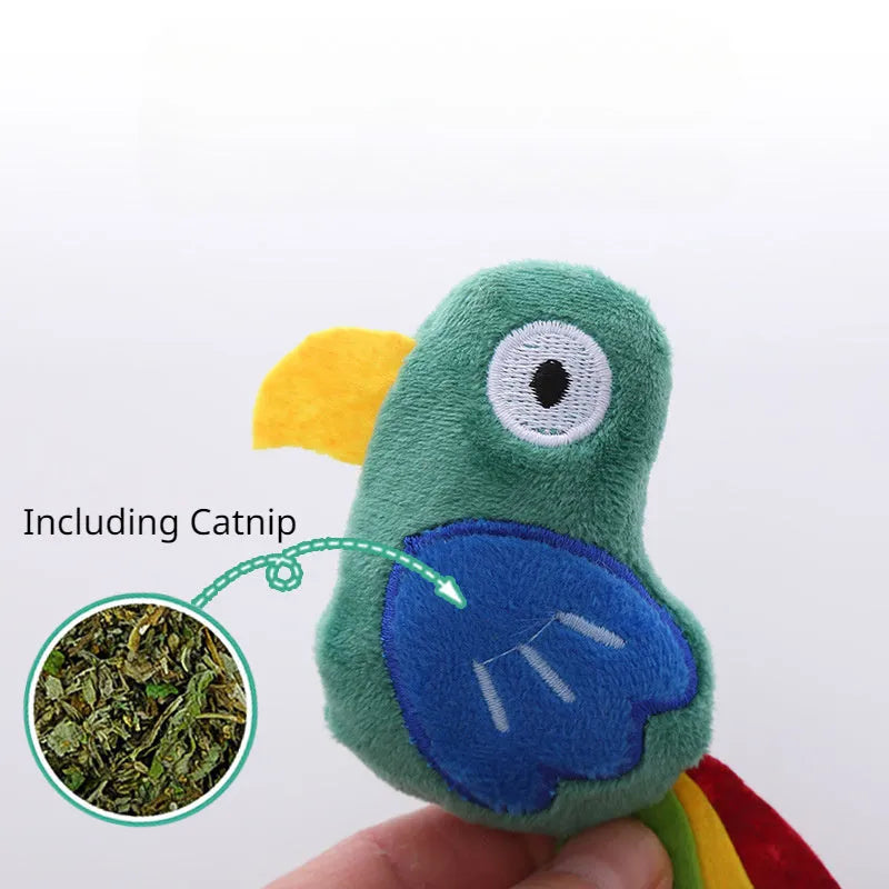 Parrot-shaped plush cat toy with catnip for interactive play with cats