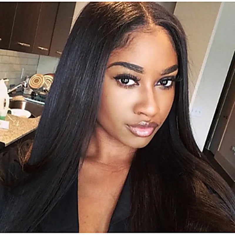 Long black straight hair wig with centre-parted bangs on a mannequin head.