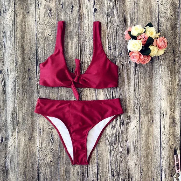 Polyester bikini set in five colour options with sleeveless top and matching bottoms