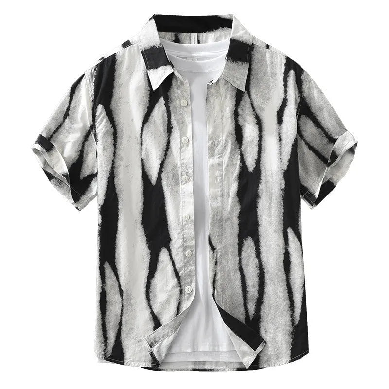Men's retro striped short sleeve cotton shirt in black or brown with loose fit design