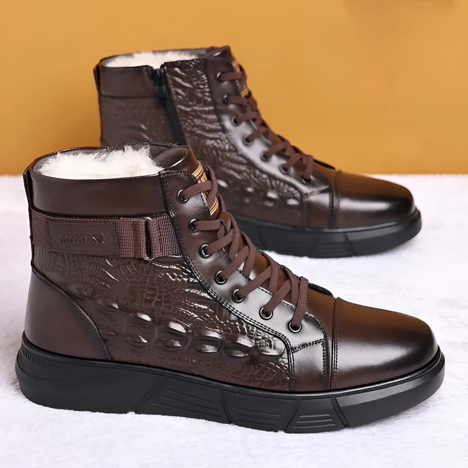 Men's black genuine leather snow boots with rubber soles and front lace-up closure