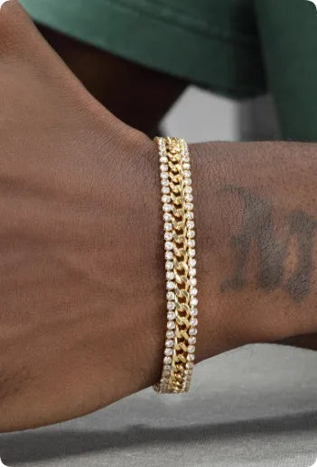 Gold-coloured titanium steel tennis bracelet with stone inlay for men and women