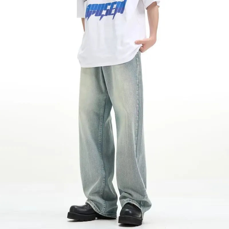 Blue retro trousers with rabbit fur fabric and loose fit design on hanger
