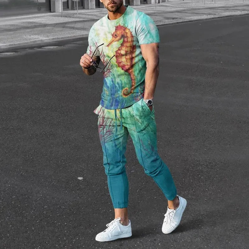 Men's short-sleeved printed sport suit set showing t-shirt and trousers in polyester blend fabric