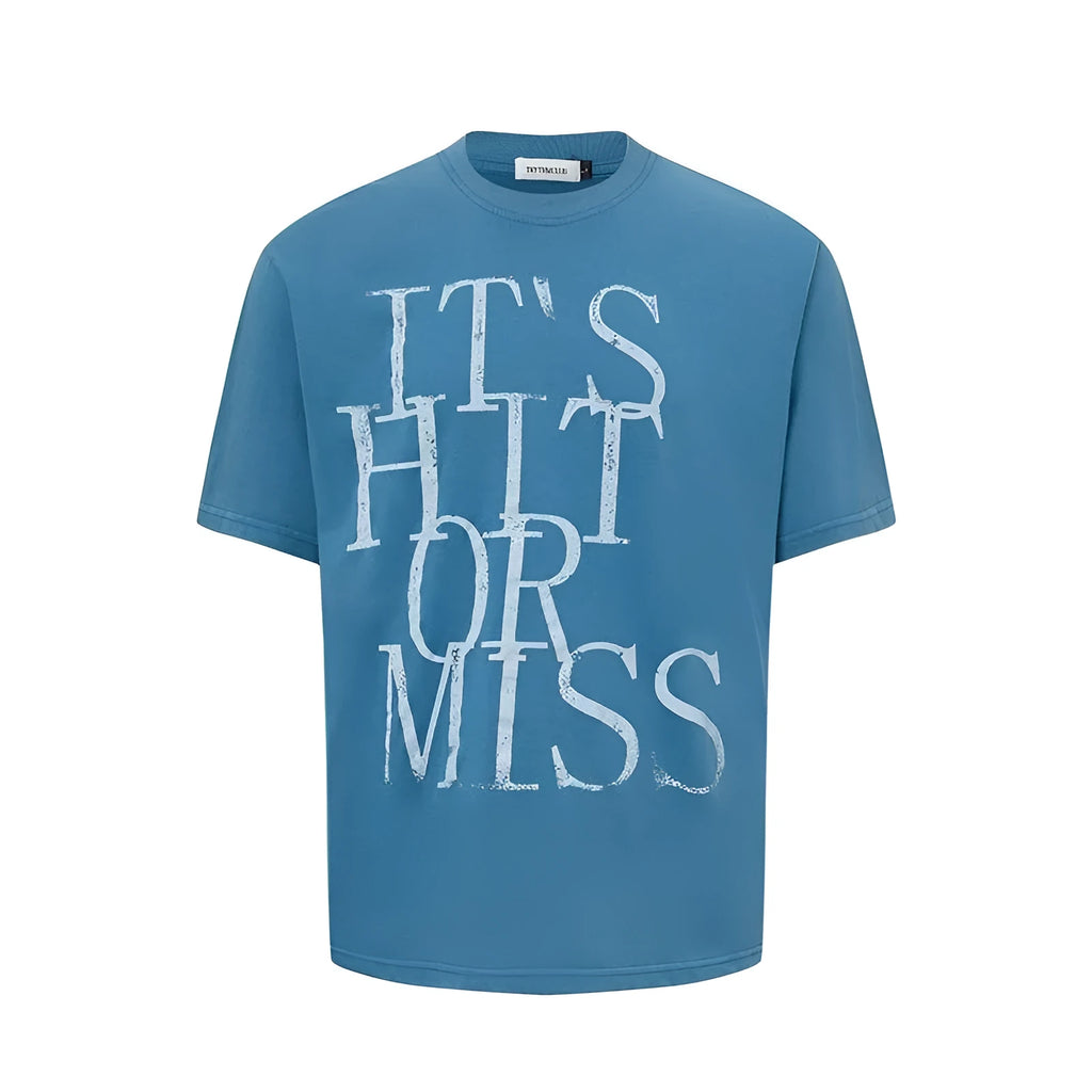 Men's American retro-style letter printed t-shirt in loose fit blue or white cotton blend fabric
