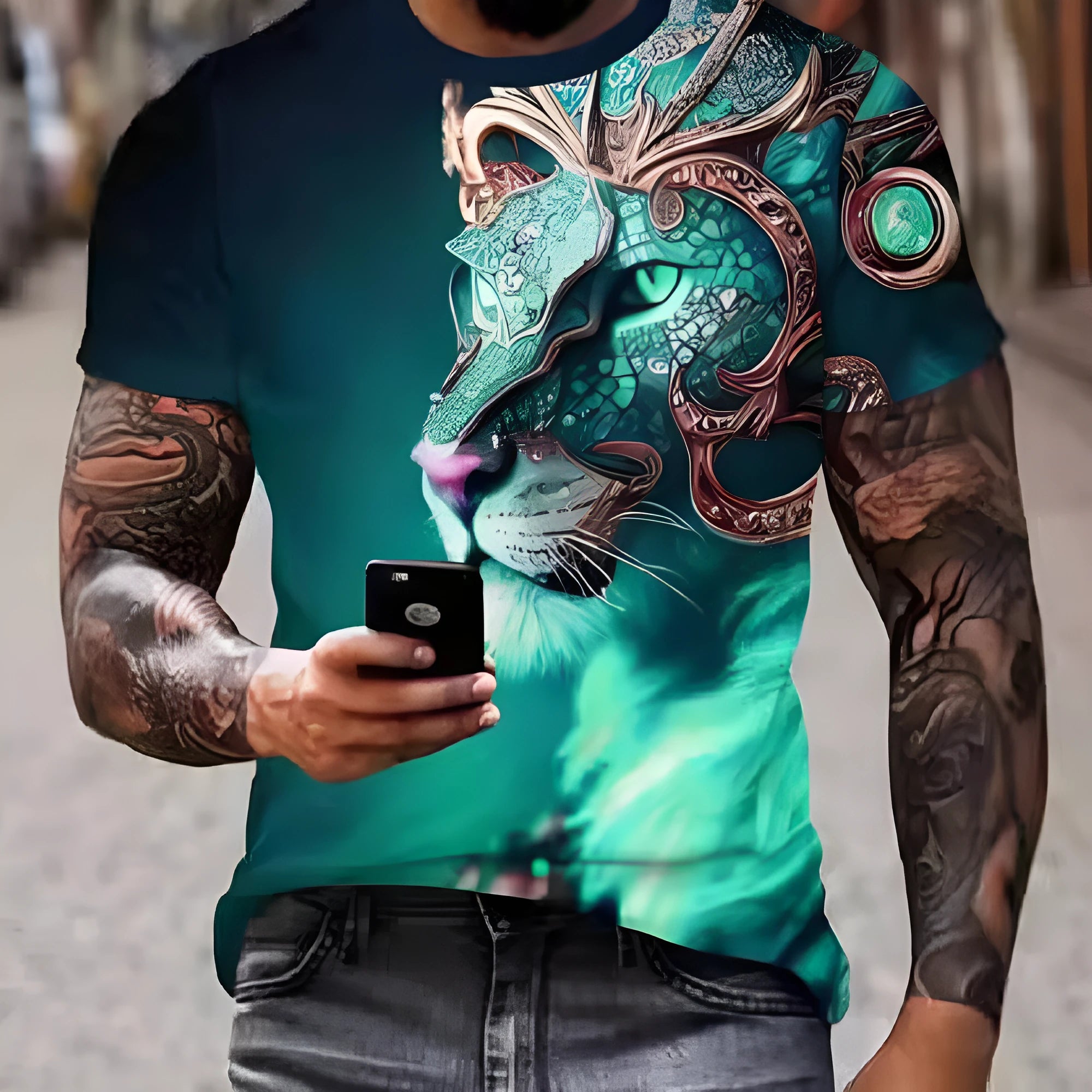 Men's black T-shirt featuring a fierce lion face with 3D printed graphic design.