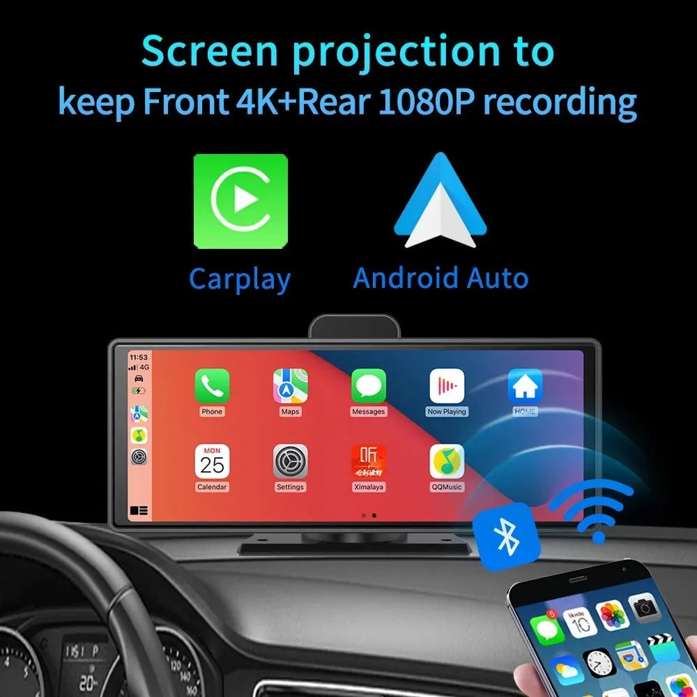 10.26 inch touch screen car dash camera unit with front and rear recording cameras displayed