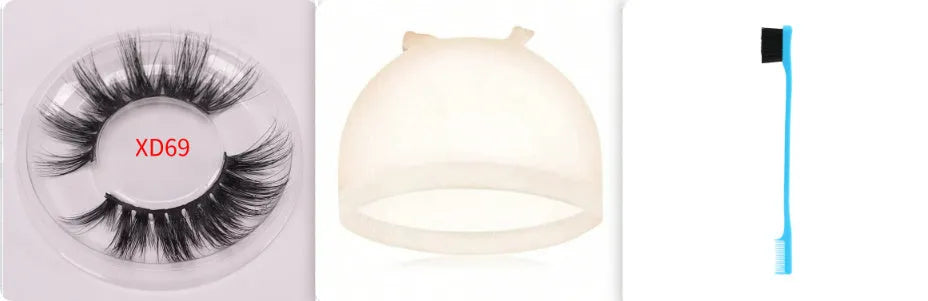 A pair of 5D mink false eyelashes with a hair cap and double-headed brush on a white background.