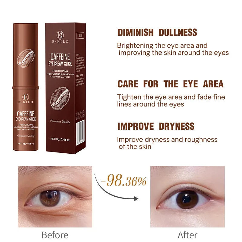 Caffeine eye cream stick in twist-up packaging, 3g net content.